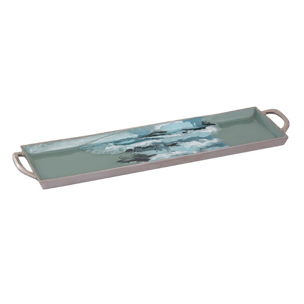 Atlas Spindrift Tray Set of 2 - Coastal Seafoam Green Enamel Trays with Silver Handles for Stylish Serving AC11604-01S