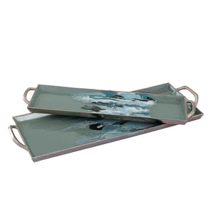 Atlas Spindrift Tray Set of 2 - Coastal Seafoam Green Enamel Trays with Silver Handles for Stylish Serving AC11604-01S