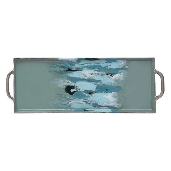 Atlas Spindrift Tray Set of 2 - Coastal Seafoam Green Enamel Trays with Silver Handles for Stylish Serving AC11604-01S