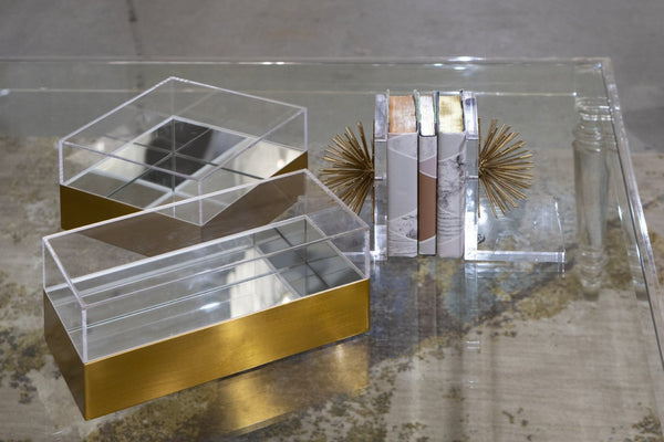 Atlas Split Decorative Box - Modern Acrylic and Brass Accent with Mirrored Interior for Stylish Storage Rectangle AC11606-01