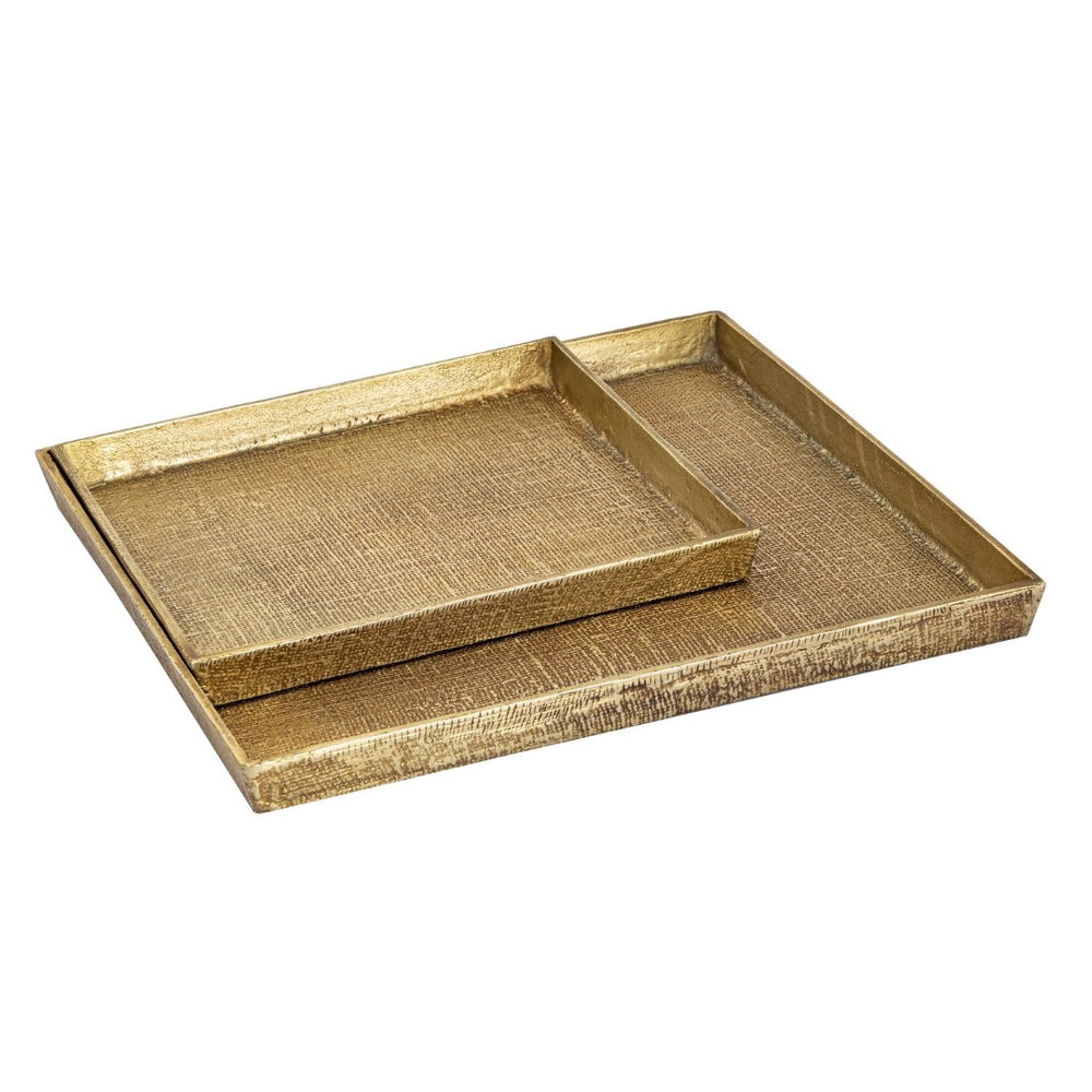Atlas Square Nesting Trays Set of 2 - Elegant Antique Brass Finish with Textured Linen Design for Decor AC11611-01S