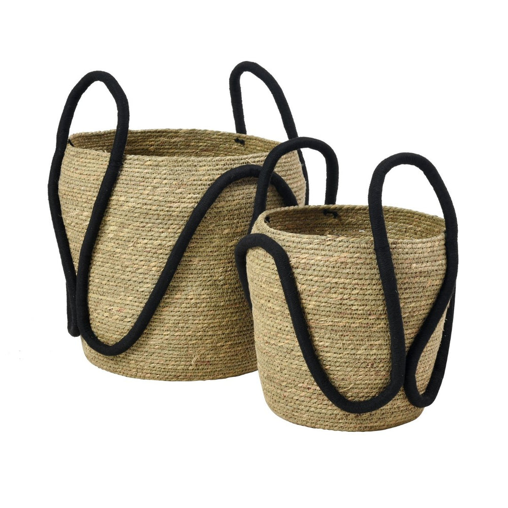 Atlas Steele Baskets Set of 2 - Handwoven Seagrass Storage with Black Cotton Handles for Home Decor AC11616-01S