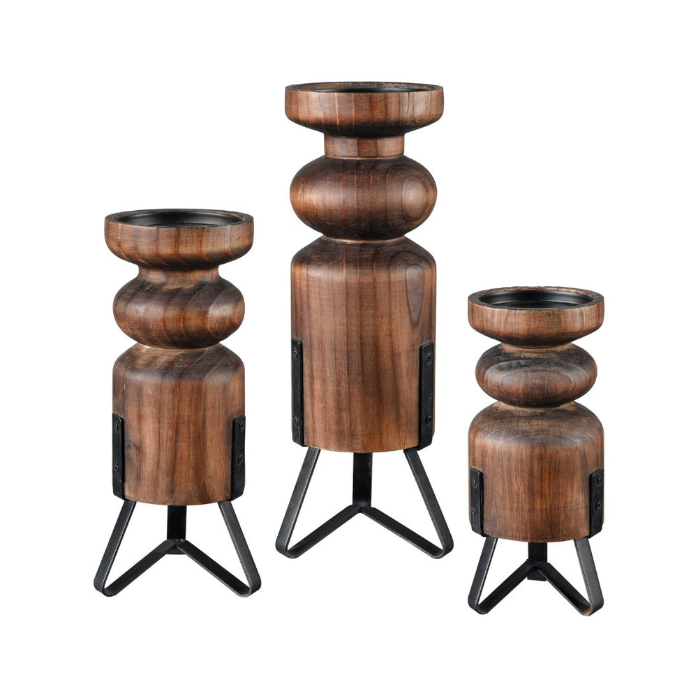 Atlas Stilton Candleholder Set of 3 - Sculptural Pillar Holders with Wood & Metal for Stylish Displays AC11617-01S