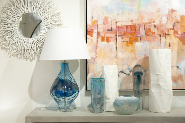 Atlas Threads Decorative Object - Hand-Blown Glass Cylinder with Aqua Orb for Modern Coastal Decor AC11638-01