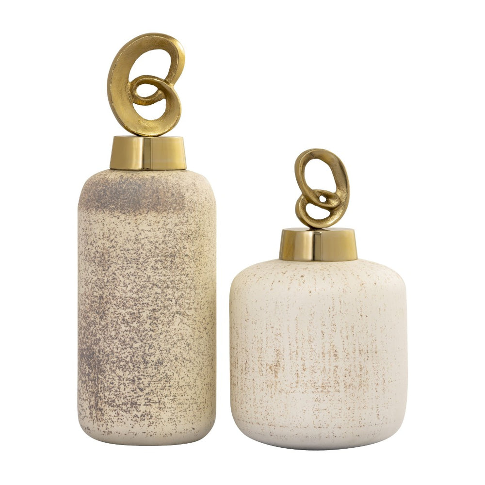 Atlas Tiff Bottle Set of 2 - Vintage-Inspired Sculptural Glass Decor with Pebbled Finish & Metal Stoppers AC11640-01S