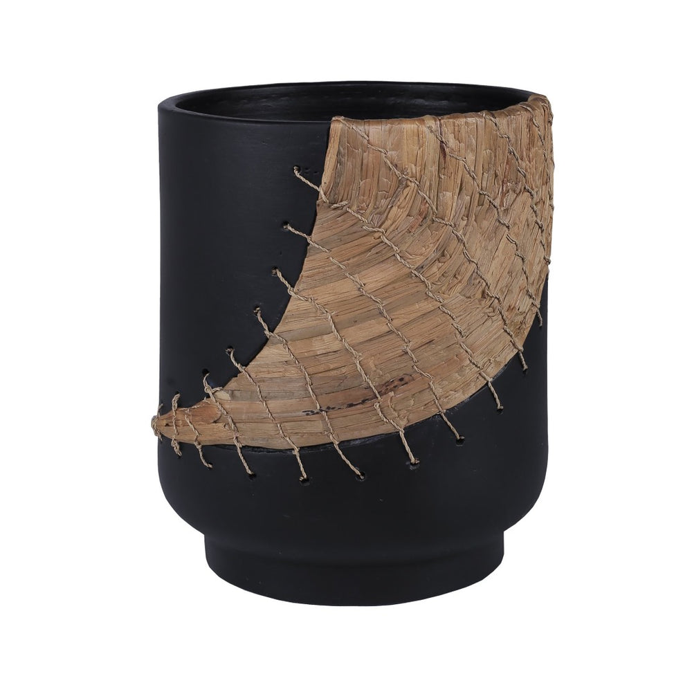 Atlas Wayde Vase - Matte Black Earthenware with Natural Rattan Accent for Modern Home Decor & Floral Arrangements AC11670-01