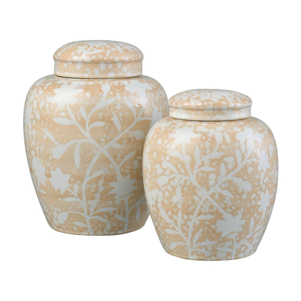 Atlas Yvonne Decorative Jar Set - Handcrafted Cream Glazed Earthenware with Floral Accents, 2 Pieces AC11693-01S