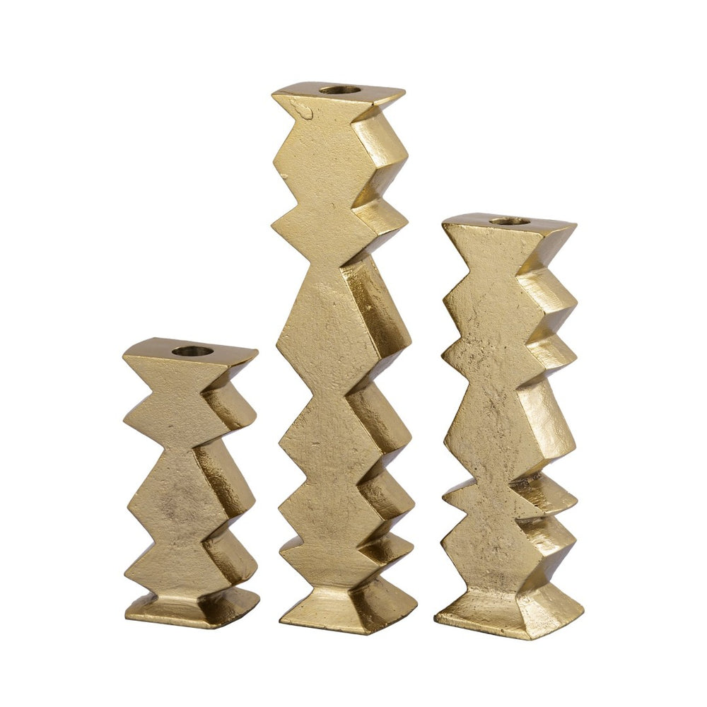 Atlas Zig Zag Taper Holders Set of 3 - Midcentury Elegance in Aged Brass for Stylish Tabletop Decor AC11694-01S