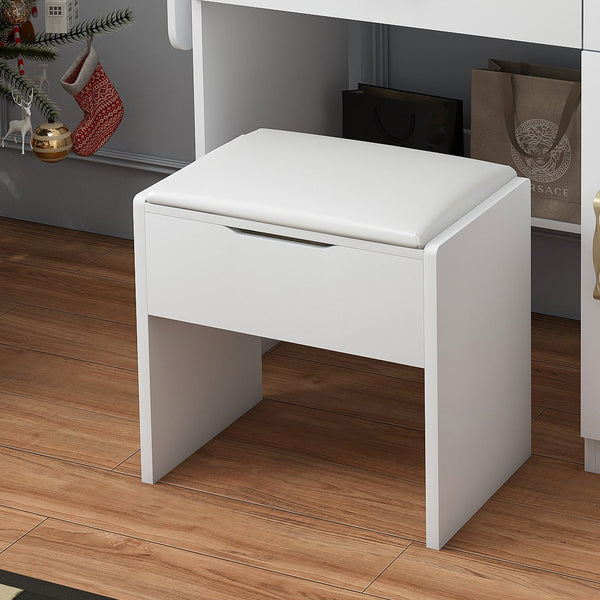 English Elm Vanity Desk with Led Mirror Touch Light Power Outlet Drawers and Storage Stool W2700P342538