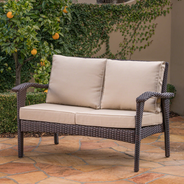 English Elm Christopher Knight Home® - HONOLULU Loveseat Brown-Tan PE Rattan Outdoor Sofa with Water-Repellent Cushions, Sturdy Iron Frame 52919.00IRNBRN