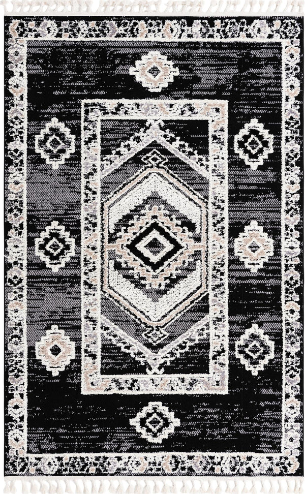 Unique Loom Cherokee Boone Machine Made Geometric Rug Fossil Gray, Ivory/Black 6' 1" x 9' 0"