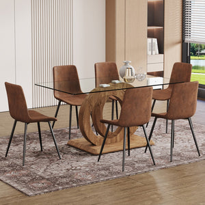 English Elm 1 Table and 6 Chairs Set.63"X35.4X30" Rectangular Transprant Tempered Glass Dining Tabletop With Wood Color Mdf Oc Shaped Bracket.Paired With 6 Brown Technology Fabric Dining Chairs.