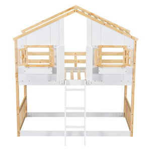 English Elm Twin House Bunk Bed with Roof, Window Box, Door, Guardrails & Ladder—Sturdy Pine Playful Design for Kids Natural+White W504S00147