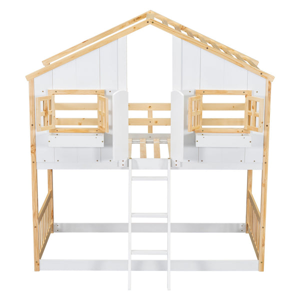 English Elm Twin House Bunk Bed with Roof, Window Box, Door, Guardrails & Ladder—Sturdy Pine Playful Design for Kids Natural+White W504S00147