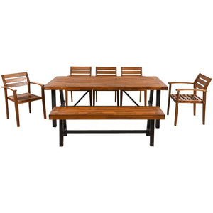 English Elm GO Outdoor 7-Piece Acacia Wood Dining Set for 7-8 — Removable Cushions, Ergonomic Chairs & Bench, Stable FG201230AAA