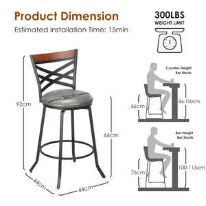 English Elm Mid Century Modern Swivel Bar Stools Set of 2 — Counter Height Faux Leather Seats, 360° Rotation, Gray T3623P407846