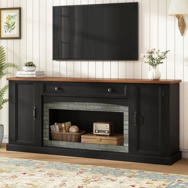 English Elm Elegant Walnut Media Console with Gray Brick Base Open Bay and Adjustable Shelving Black N721P394506B
