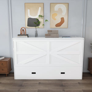 English Elm 57 Inch Murphy Bed Cabinet with Storage Drawers Charging Station and Rolling Casters White W509S00155