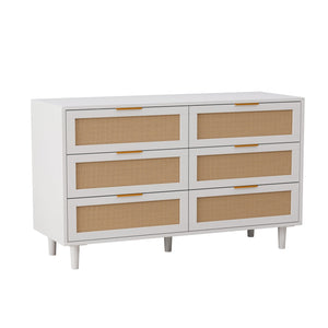 English Elm 51.18"6-Drawers Rattan Storage Cabinet with Woven Fronts, White Dresser for Bedroom & Living Room, Space-Saving Stylish Organizer W757P235127