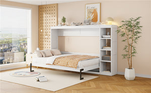 English Elm Full Full Size Murphy Bed with Bookshelf and Fold-Down Work Surface, Space-Saving LVL/MDF Design White GX002220AAK