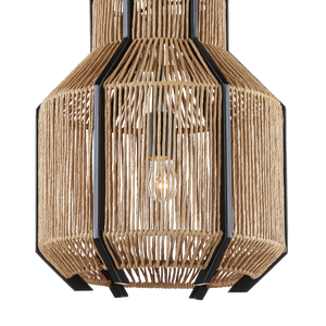 Mali Pendant Light Fixture - Bohemian Woven Design with Satin Black Iron, Adjustable Height & Warm Glow