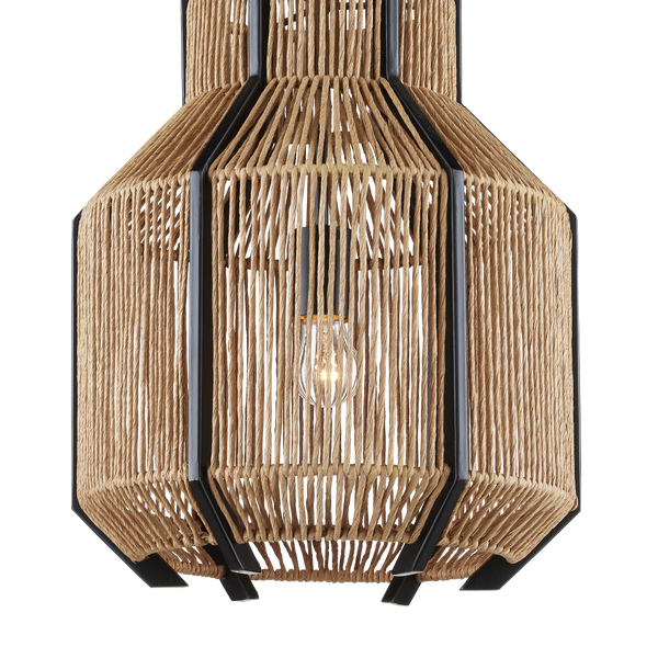Mali Pendant Light Fixture - Bohemian Woven Design with Satin Black Iron, Adjustable Height & Warm Glow