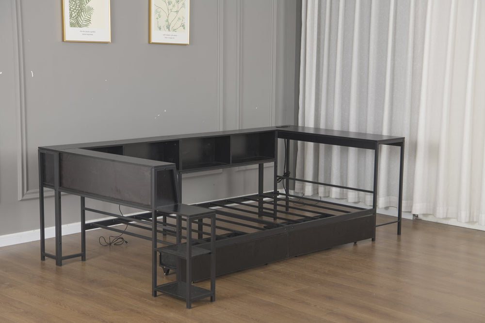 English Elm Corner Twin Bed Frame With Bookcase, Underbed Storage, Led Light & Charging Station - Black Design W1670P357170