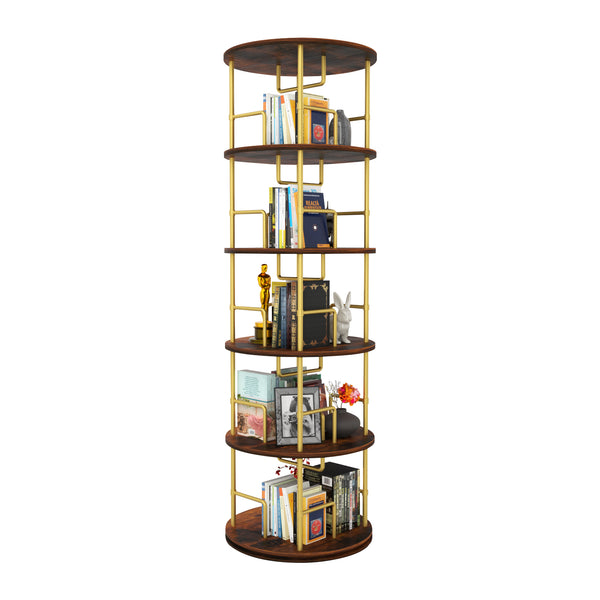 English Elm 5 Tier Rotating Bookshelf Tower with 360° Spin, Space-Saving Corner Display, Modern MDF Storage Unit Golden W3204P354235