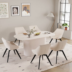 English Elm 63" Cream Mdf Dining Table Set With 6 Beige Pu Chairs & Black Metal Legs – Modern Mid-Century Style W2189S00681