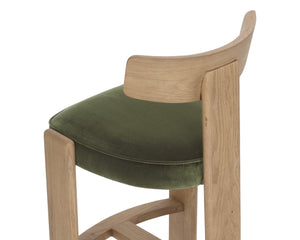 Sunpan HORTON Barstool - Rustic Oak Frame with Forest Green Upholstery for Modern Dining & Bar Spaces 112396