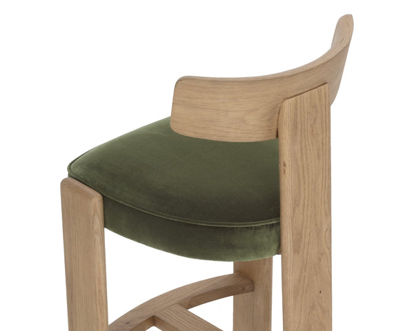 Sunpan HORTON Barstool - Rustic Oak Frame with Forest Green Upholstery for Modern Dining & Bar Spaces 112396