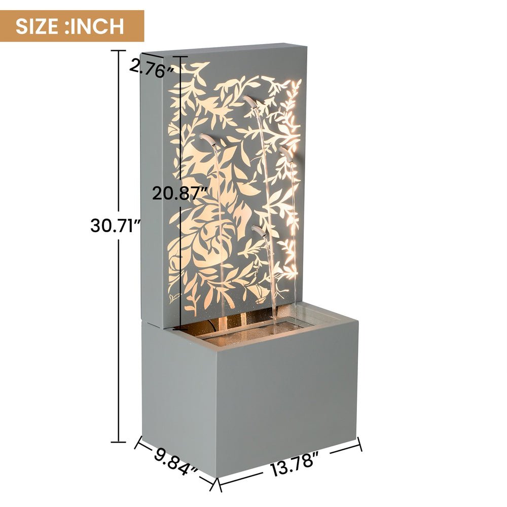 English Elm 30.71"h Gray Metal Leaf Panel Outdoor Wall Fountain with Led Backlit Cascade Spouts N765P355061G