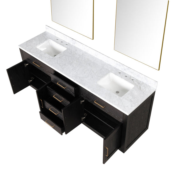 English Elm Black Oak Double Bath Vanity Set With Carrara Marble Top & Frameless Mirrors For Modern Bathrooms B2731S02143