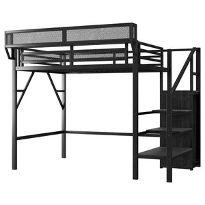 English Elm Twin Metal High Loft Bed with Staircase Storage Wardrobe for Kids and Teens Black W2580S00060