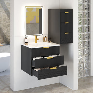 English Elm 24inch Bathroom Vanity with Sink - Wall-Mounted Floating Combo with Ceramic Basin, Modern L-Handle Design Black N710S324097B