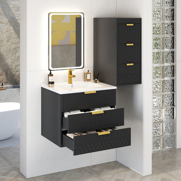 English Elm 24inch Bathroom Vanity with Sink - Wall-Mounted Floating Combo with Ceramic Basin, Modern L-Handle Design Black N710S324097B