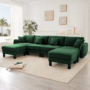English Elm Boucle U Shape Sectional Sofa - 4-Seater With Shell Armrests & Movable Ottomans, Green Elegance W3041S00313