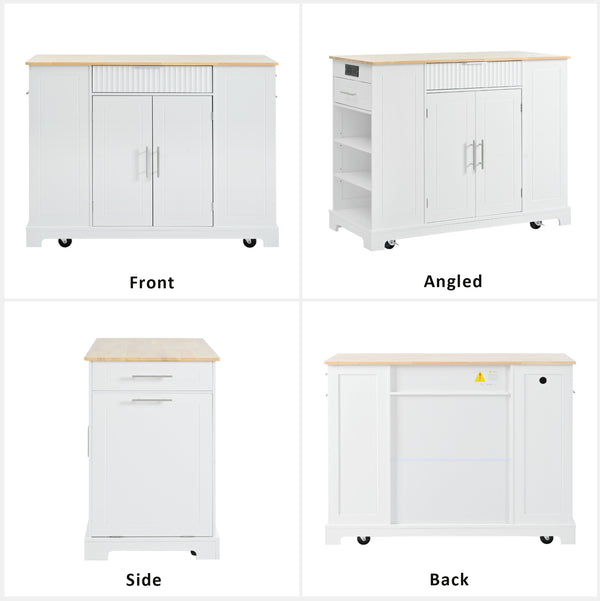 English Elm K&k Rolling Kitchen Island Rubber Wood Top Fluted Cabinet Built-in Charging Station White N707S221571W