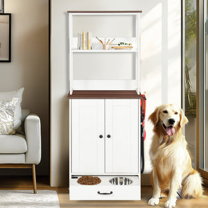 English Elm Pet Feeding Station with Hidden Pull-Out Drawers, Stainless Bowls, Adjustable Panel & Shelves for Storage W1687P271054