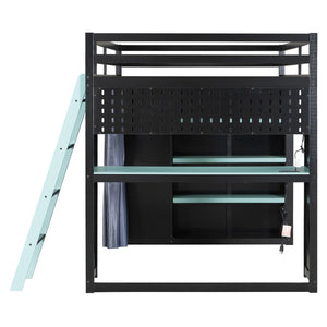 English Elm Full Size Wood Loft Bed with Wardrobe Desk Shelves Rgb Lighting and Blackout Curtains Black+Blue LT000269AAC-1
