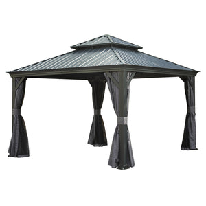 English Elm 12'x12' Hardtop Gazebo Canopy Grey — Powder-Coated Aluminum, Double Roof, Drainage, Curtains & Netting W1859S00158