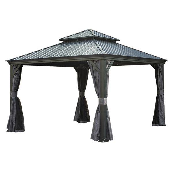 English Elm 12'x12' Hardtop Gazebo Canopy Grey — Powder-Coated Aluminum, Double Roof, Drainage, Curtains & Netting W1859S00158