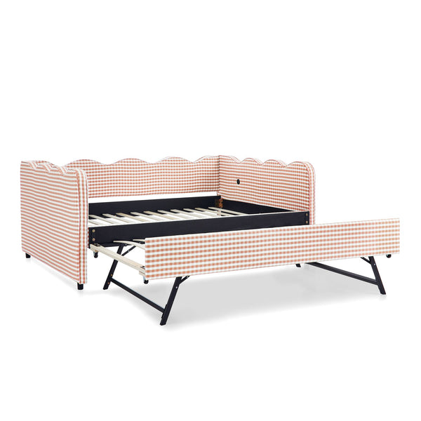 English Elm Full Size Gingham Linen Daybed with Wave Backrest Trundle and Usb Charging Port Pink W1413S00138
