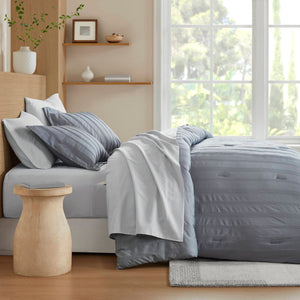 JLA Home Super Listing - Woven Logan Comforter Set with Subtle Striped Texture, Brushed Microfiber Reverse & Oeko-Tex Safety Blue/Grey AM10-0554