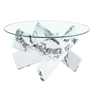 English Elm Round Tempered Glass Coffee Table with Sculptural Mdf Base for Modern Living Rooms White W1151P180316