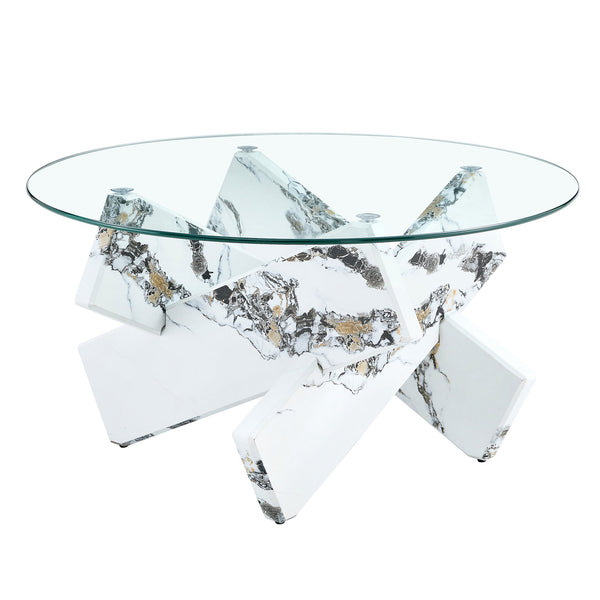 English Elm Round Tempered Glass Coffee Table with Sculptural Mdf Base for Modern Living Rooms White W1151P180316
