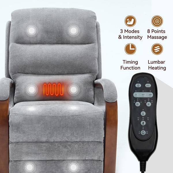 English Elm Power Lift Recliner Chair Chenille Upholstery Dual Motor Heat Massage Solid Wood Arms Gray W1803S00066