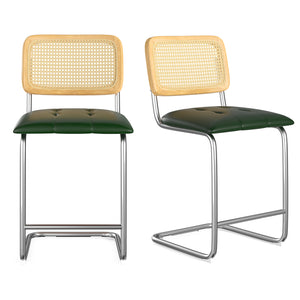 English Elm Farini Velvet Counter Height Bar Stools Set of 2 with Rattan Back, Cantilever Comfort & Floor Protectors Green T3623P354967