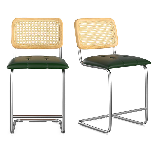 English Elm Farini Velvet Counter Height Bar Stools Set of 2 with Rattan Back, Cantilever Comfort & Floor Protectors Green T3623P354967