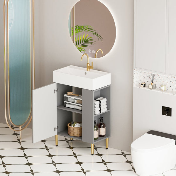 English Elm 21.6" Bathroom Vanity Ceramic Sink Soft Close Cabinet Open Shelf Grey Finish W1573S00023
